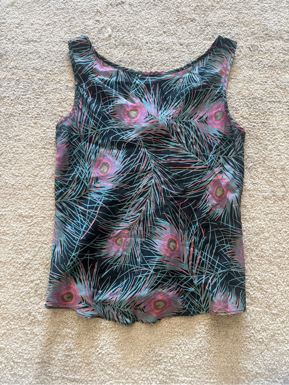 Betsy Johnson Vintage Peacock Feather Print  Silk Tank Top - Black/Multi